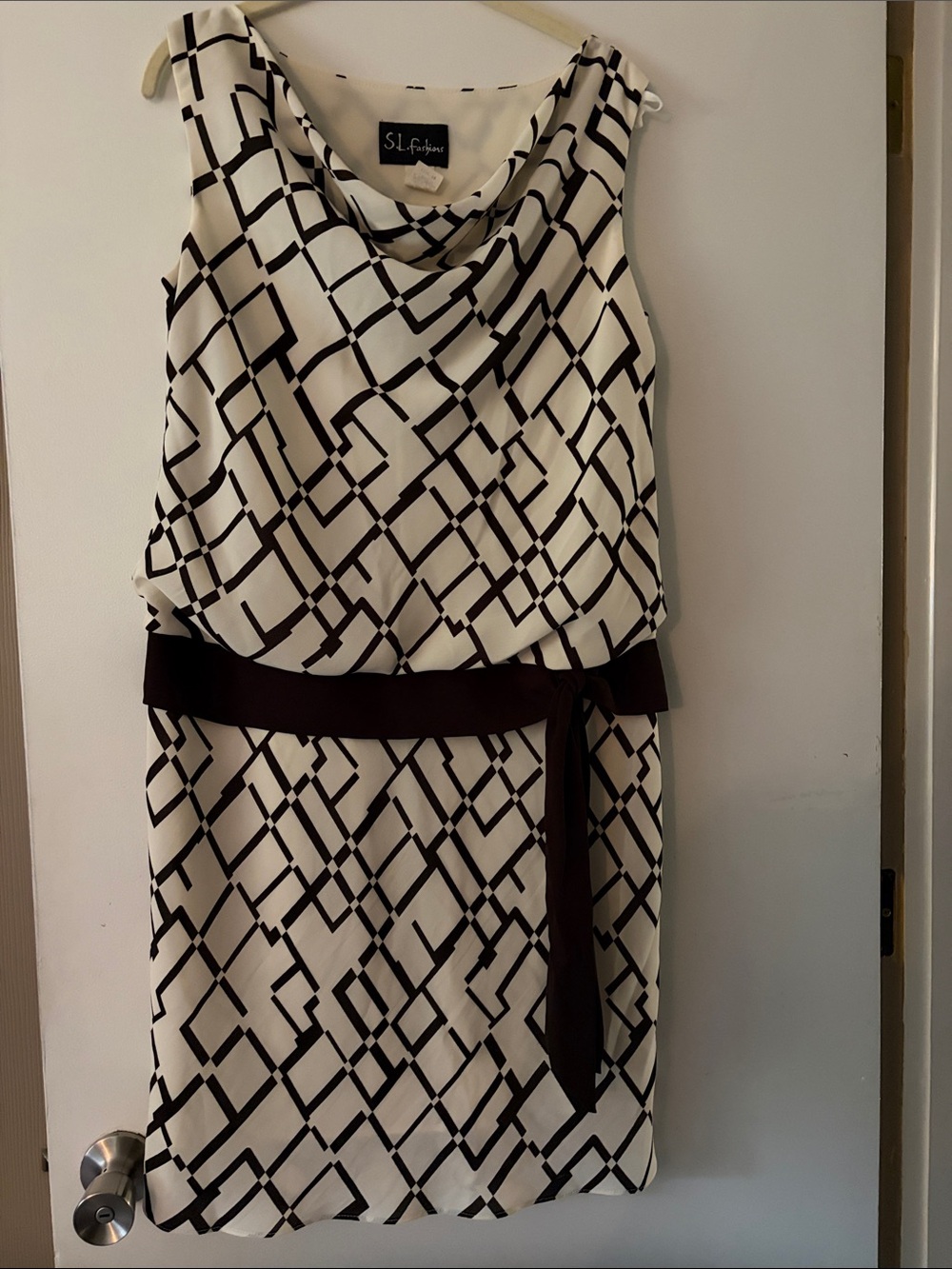SL Fashions Cream and brown  Geometric Sleeveless Dress with Waist Tie